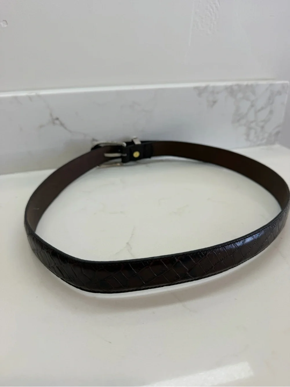 Vintage Croc Leather Belt Silver Buckle Floral Etched Size Large Women’s